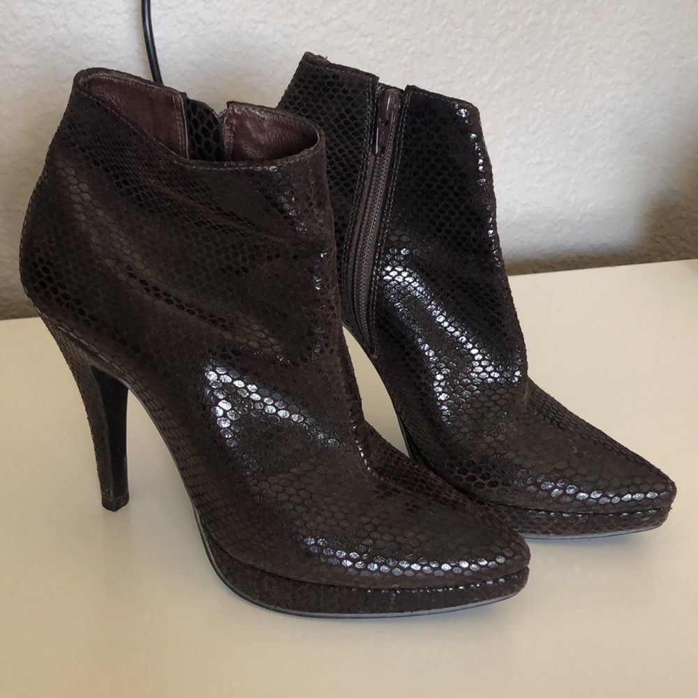 Steve Madden Leather Snake Print Brown Heeled Booties